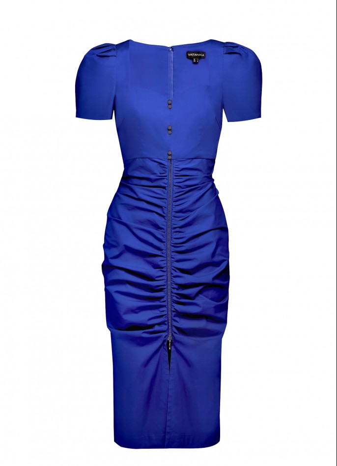 INDIGO BLUE RUCHED COTTON POPLIN ZIP SLIT DRESS